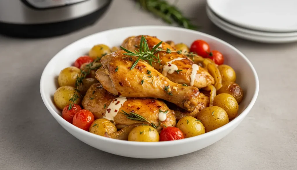 Easy Instant Pot pressure cooker chicken served on a platter with herbs, perfect for a quick healthy dinner.