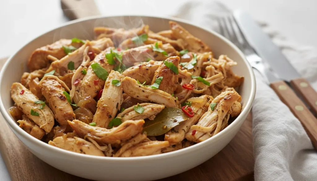 Close-up detail of juicy shredded chicken breast cooked in a pressure cooker for an easy Instant Pot recipe.