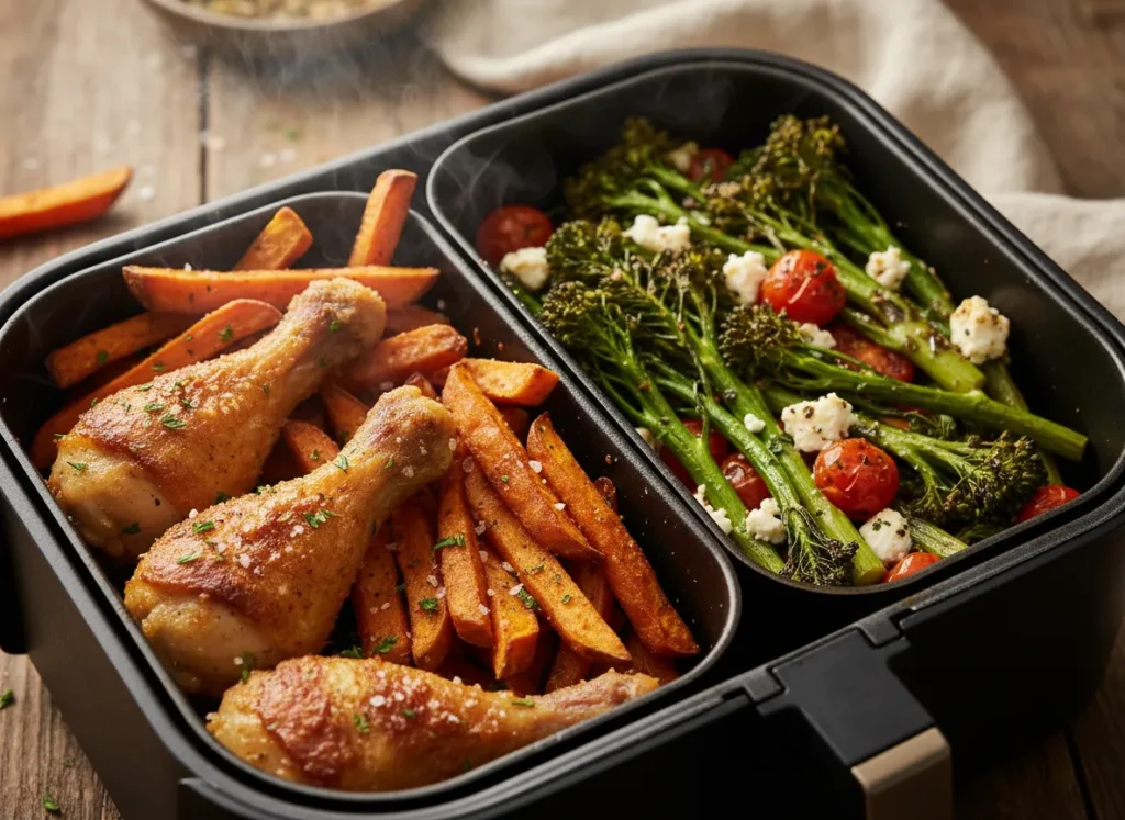 Close-up of crispy golden chicken wings and roasted vegetables inside a Ninja Air Fryer basket.