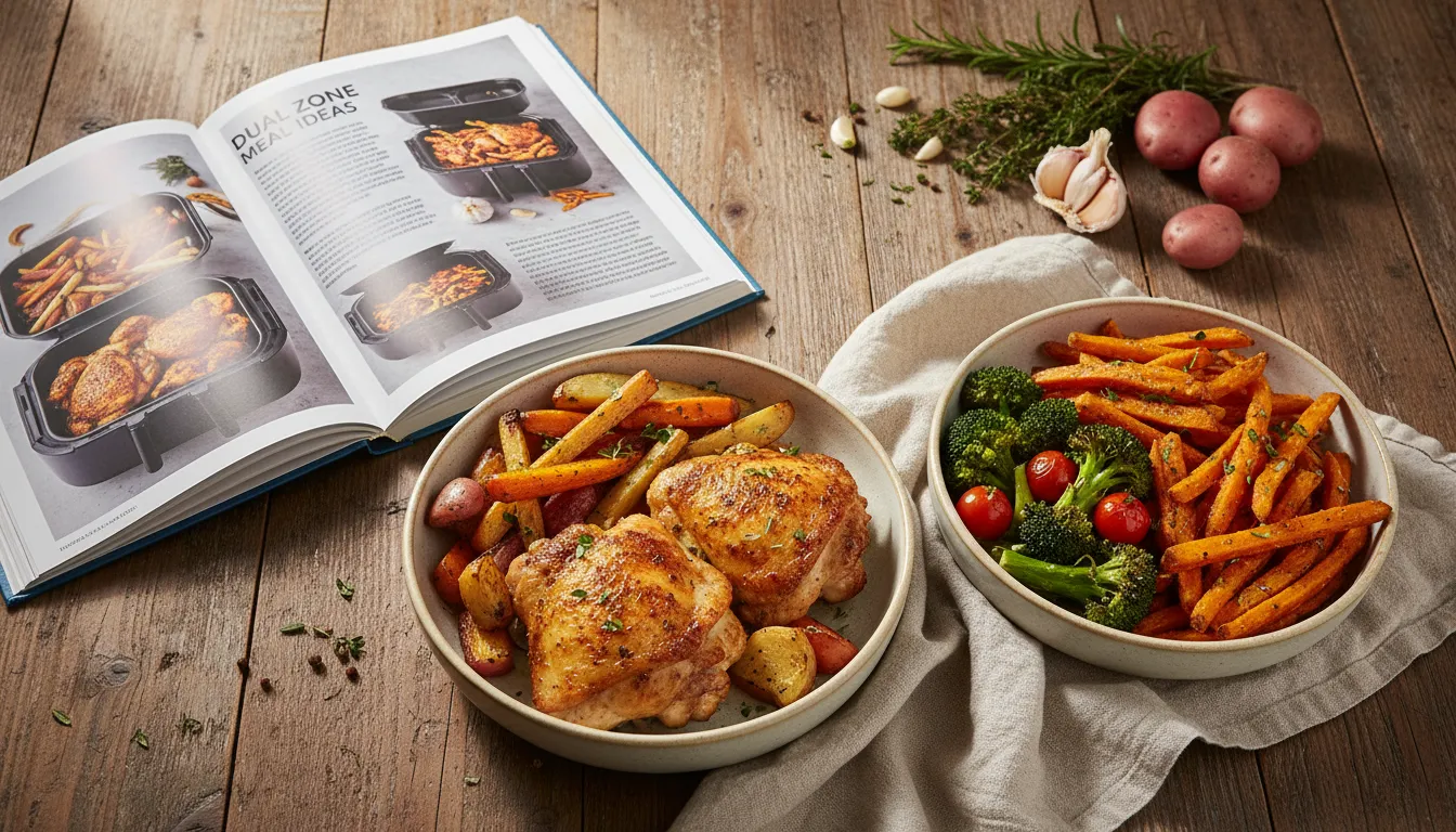 Ninja Foodi Dual Zone Air Fryer cooking two different meals side-by-side for a complete dinner idea.