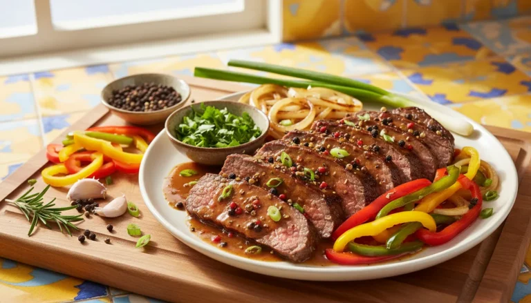 Easy homemade pepper steak with tenderized flank steak and vibrant bell peppers served in a shallow bowl.