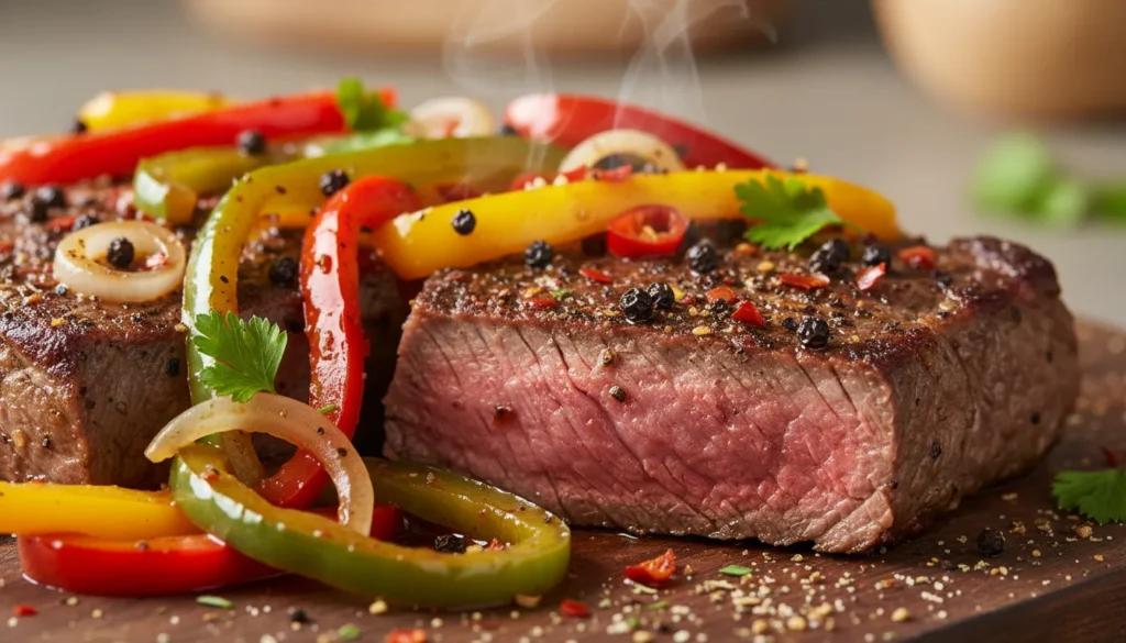 Macro view of thinly sliced flank steak strips showing the tender texture in a savory black pepper sauce.