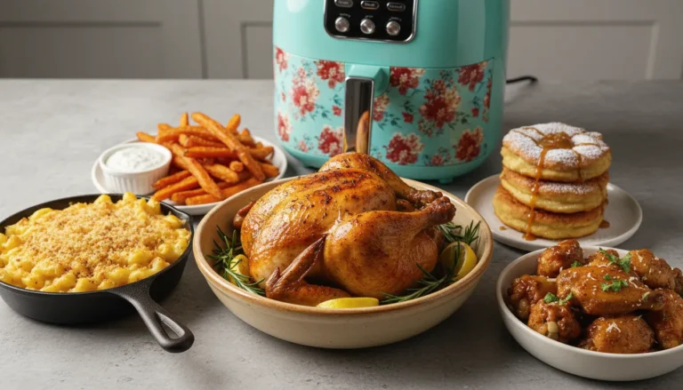 Platter of crispy Pioneer Woman air fryer chicken and roasted vegetables, a perfect comfort food meal.