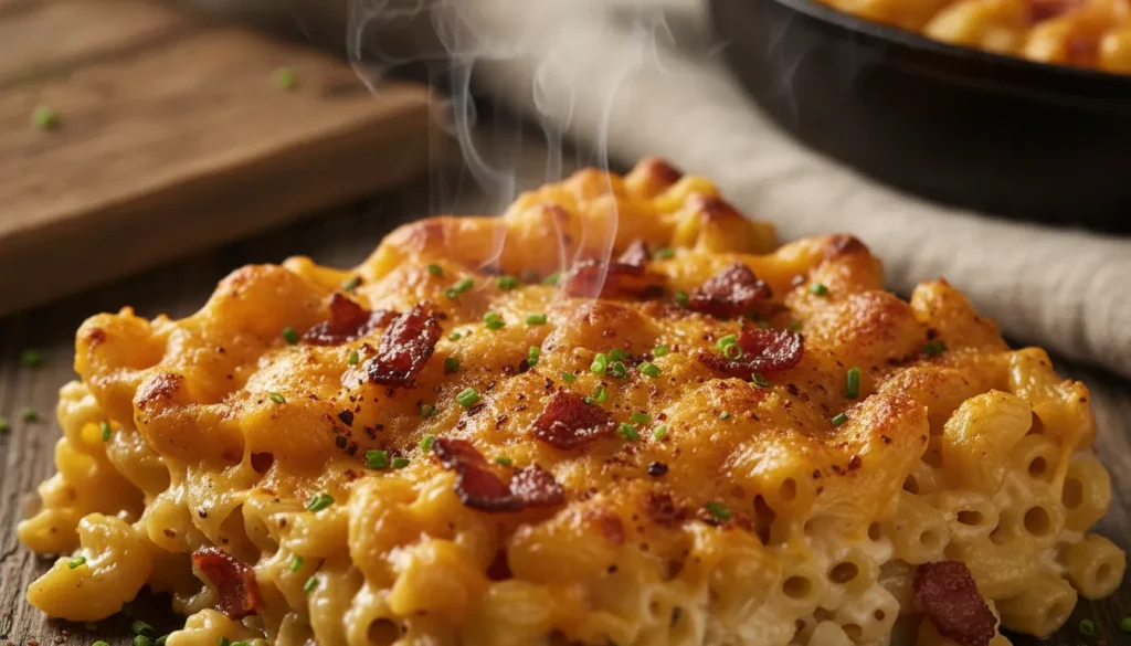 Close-up of gooey, buttery smoked mac and cheese with melted cheddar, perfect for a BBQ side dish.