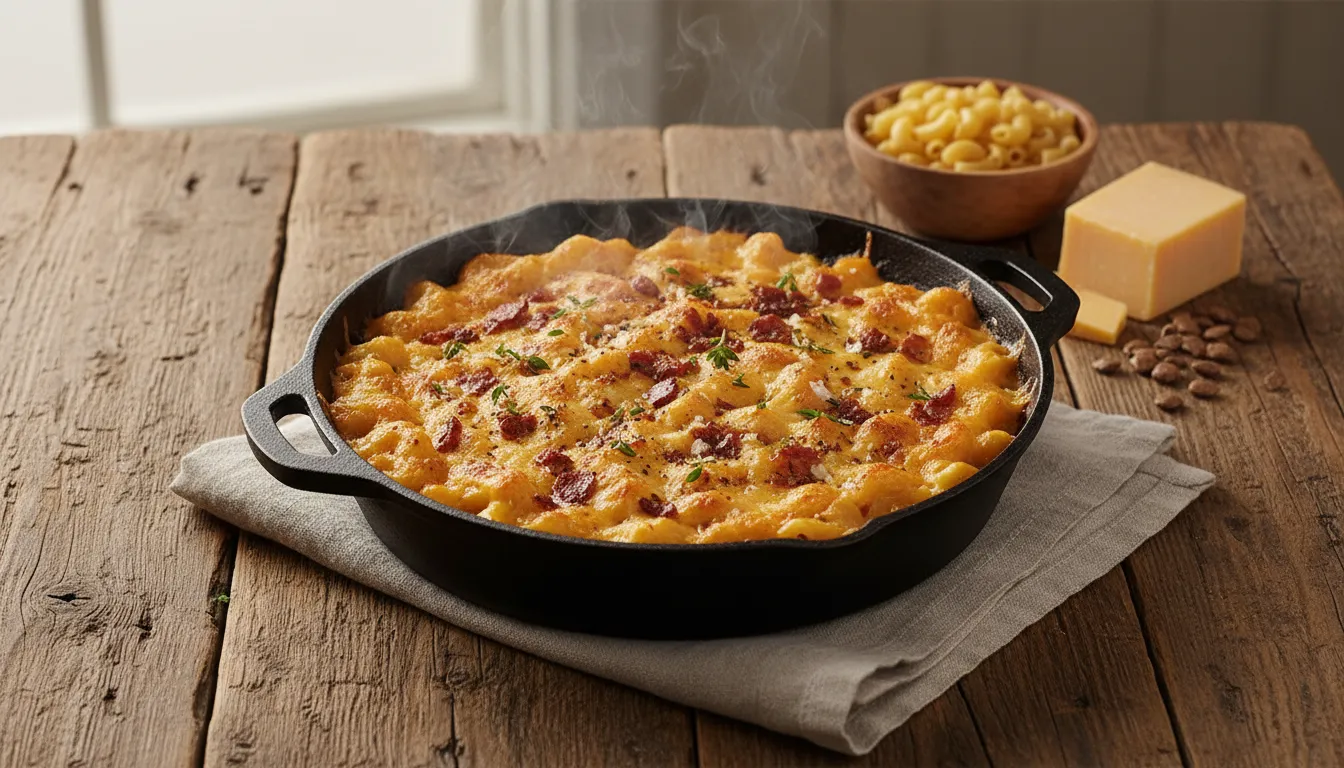 Pit Boss smoked mac and cheese in a cast iron skillet with a golden brown crust and melted cheese topping.