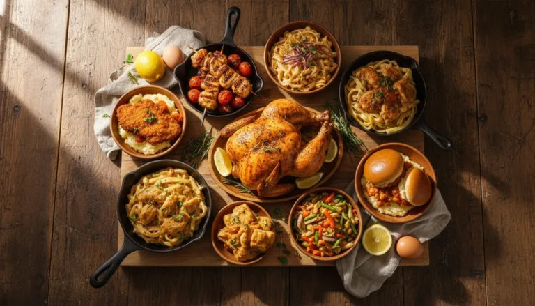 A spread of seven quick 30-minute chicken dinners including stir-fry, roasted thighs, and pasta dishes.