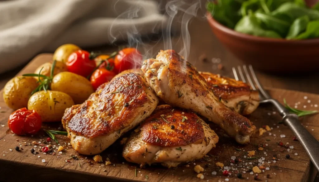 Close-up of a juicy sliced lemon herb chicken breast garnished with fresh parsley on a white dinner plate.