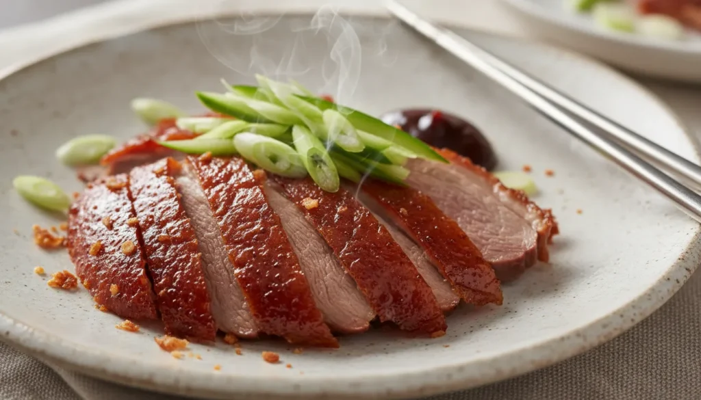 Close-up of crispy, glazed Peking duck skin sliced into pieces, showing the tender meat for a detailed recipe view.
