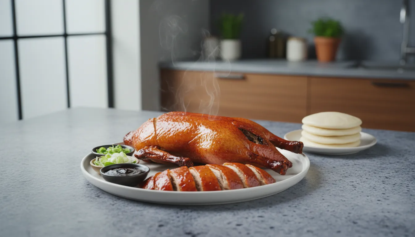 Golden-brown whole Peking duck roasted in the oven, presented on a platter for a best-method recipe hero shot.
