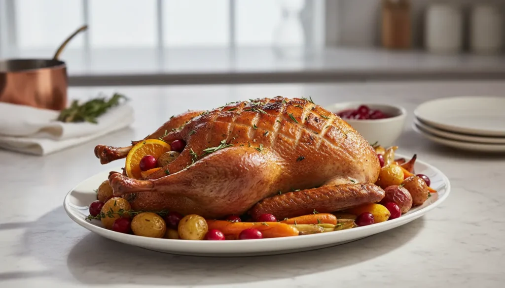 Golden-brown roasted whole duck on a platter with oranges and herbs, the perfect holiday centerpiece for dinner.