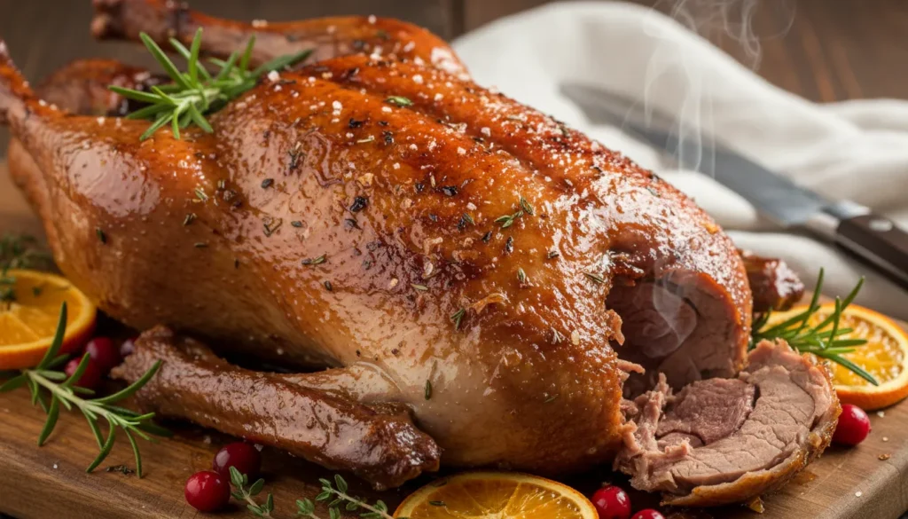 Close-up of crispy, honey-glazed roast duck skin being sliced, showing tender meat for a holiday recipe.