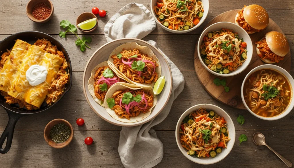 Assortment of shredded chicken meal ideas like tacos and bowls for easy weeknight dinners on a wooden table.