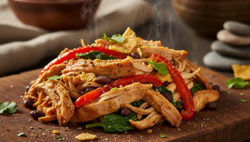 Close-up of tender, seasoned shredded chicken in a bowl, ready for quick and healthy weeknight recipes.