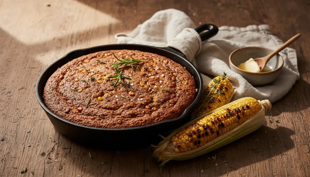 Golden-brown smoked cornbread baked in a cast iron skillet with perfectly crispy edges and a rustic finish.