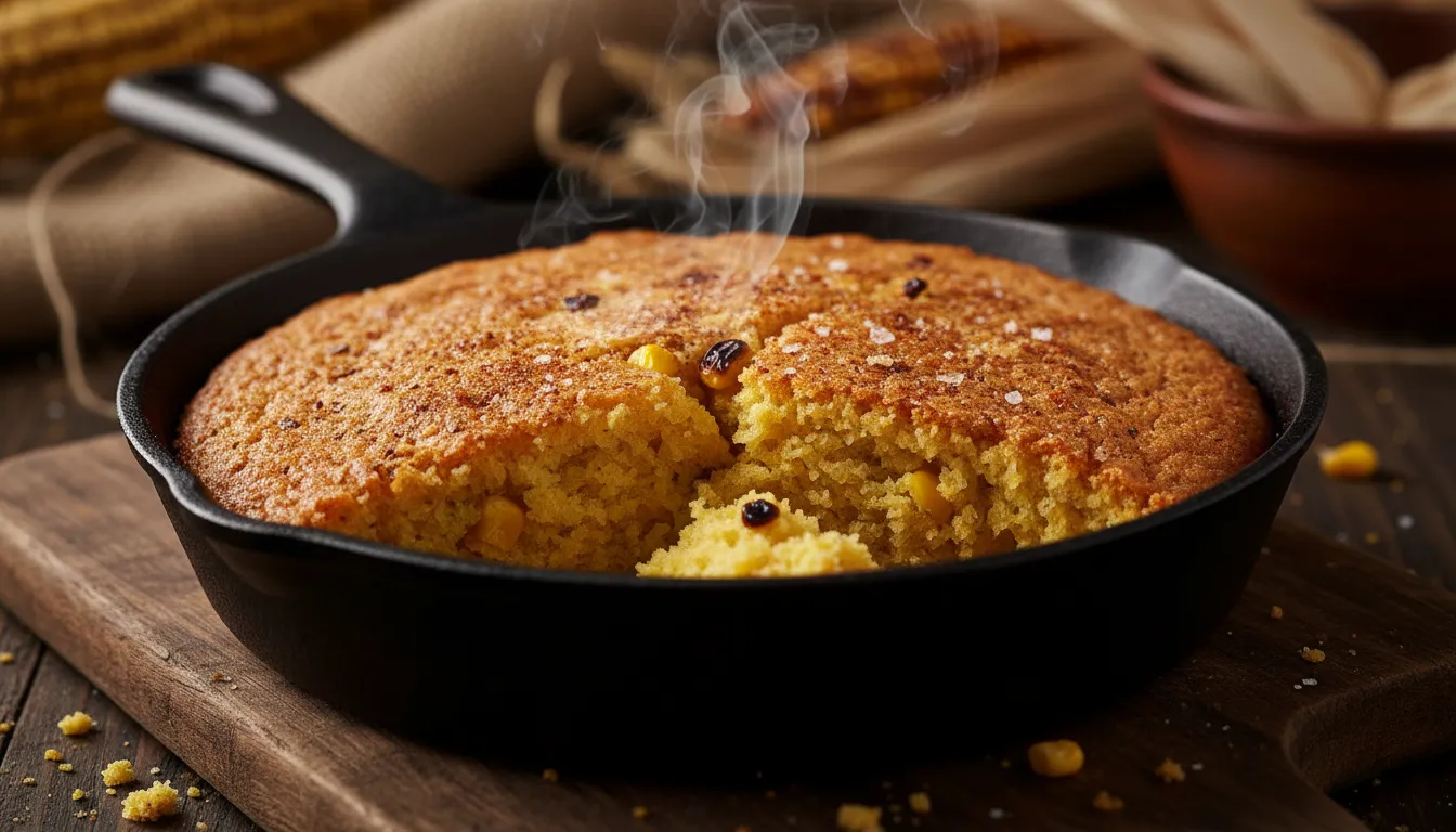 Close-up of a slice of moist smoked cornbread showing the golden crumb and crunchy cast iron skillet crust.