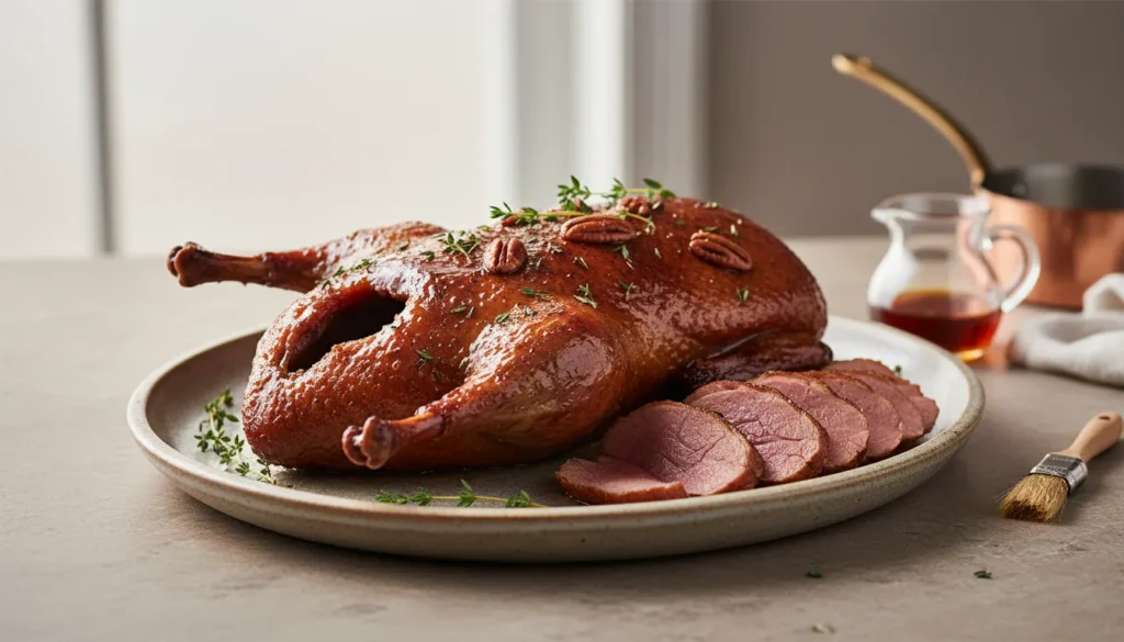 Whole smoked duck with a glossy maple glaze on a wooden platter, garnished with herbs for a festive dinner.