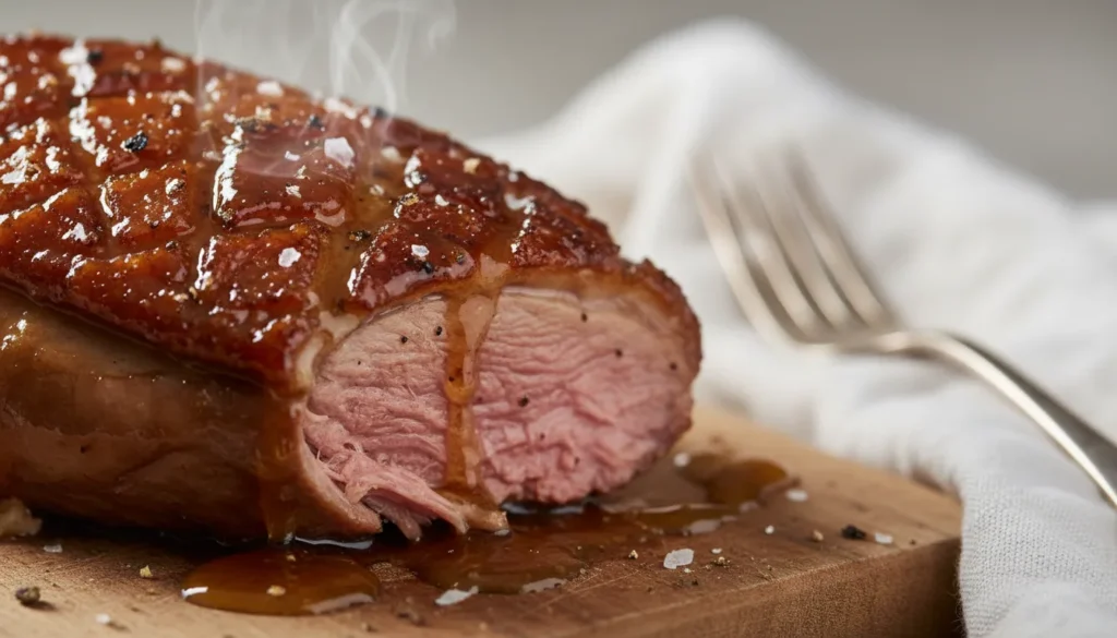 Close-up of sliced smoked duck breast showing the crispy skin and sticky maple glaze drizzle.