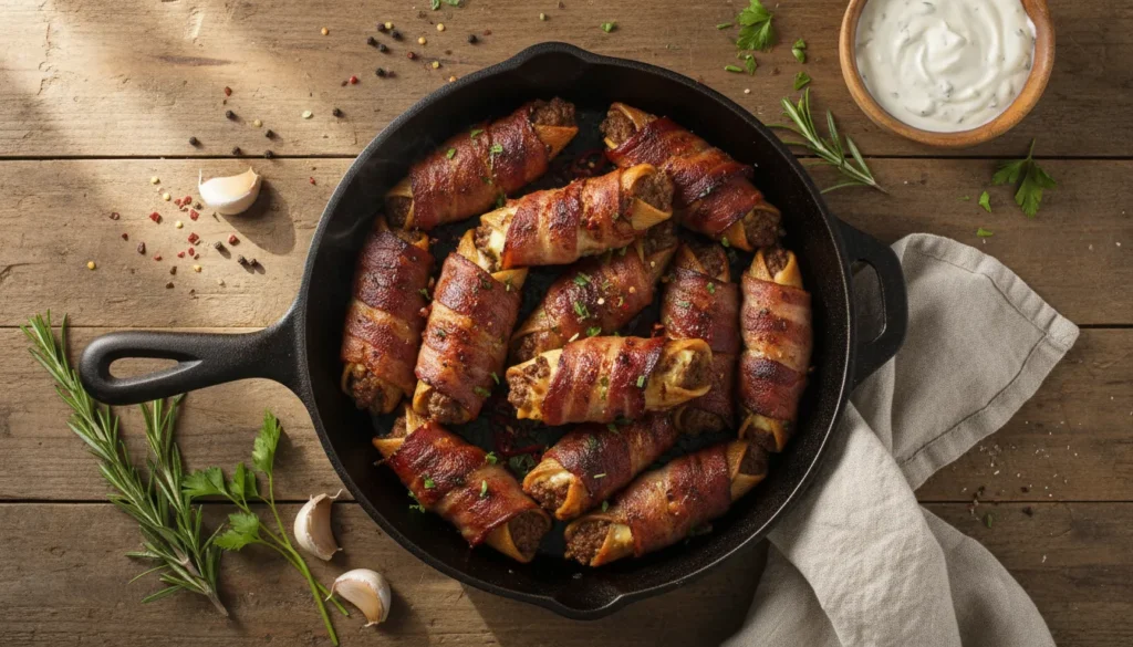 Platter of smoked shotgun shells, a bacon-wrapped BBQ appetizer glazed in sauce, ready to serve.