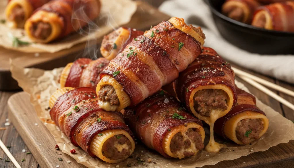 Close-up of a sliced smoked shotgun shell showing the melted cheese and meat filling inside crispy bacon.