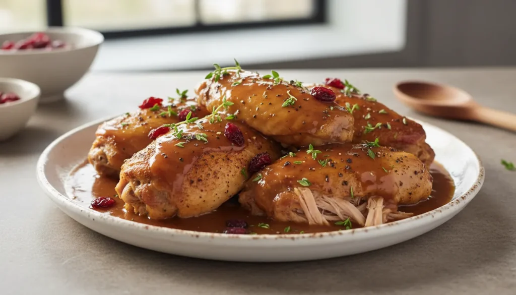 Golden-brown smothered turkey wings in a rich, savory gravy served in a white baking dish.