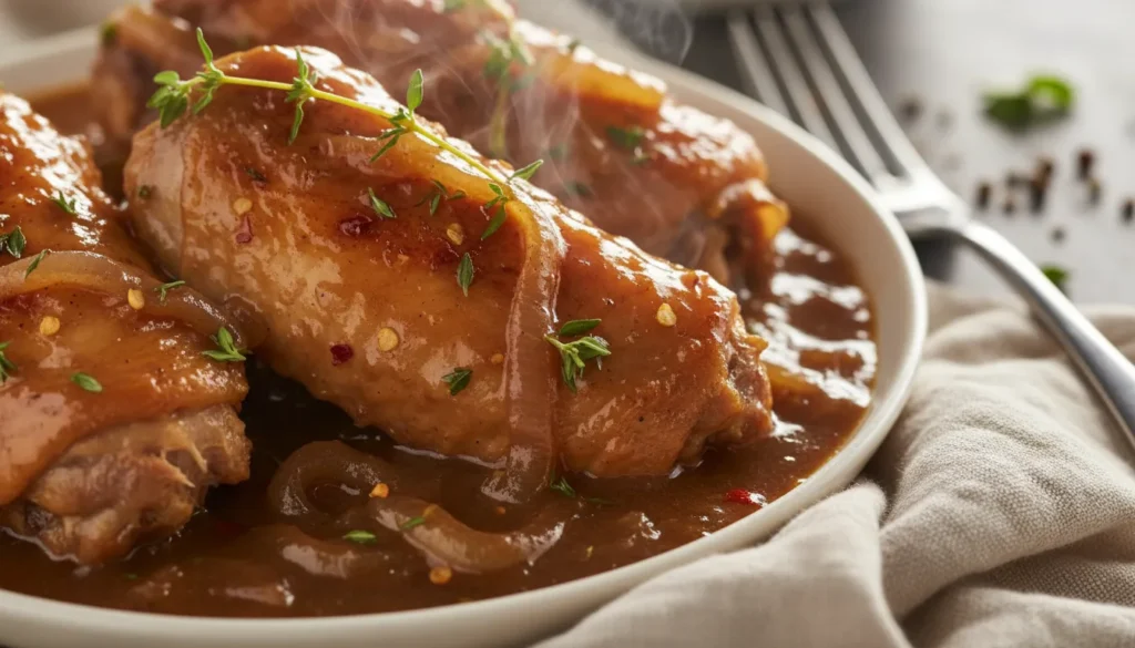 Close-up of a tender smothered turkey wing dripping with thick, homemade savory gravy.
