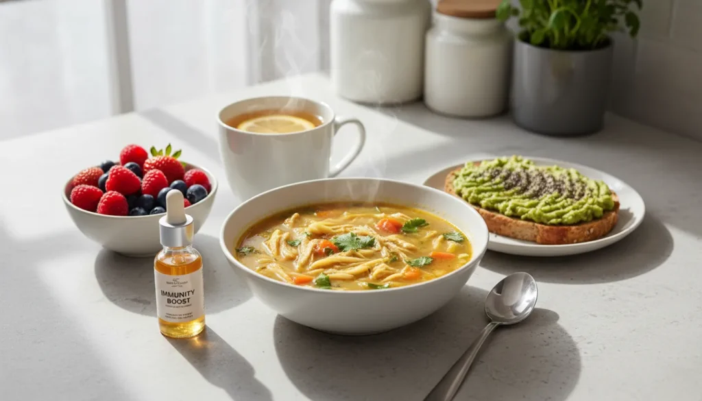 Nutritious bowl of soup and hot tea on a tray, showing what are good things to eat when sick to boost immunity.
