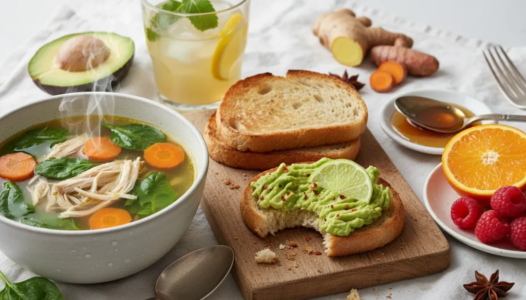 Close-up of ginger, honey, and lemon, natural ingredients that are good to eat when sick to boost the immune system.