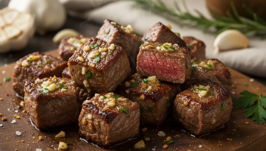 Close-up detail of juicy, tender top sirloin steak bites dripping with melted garlic herb butter.