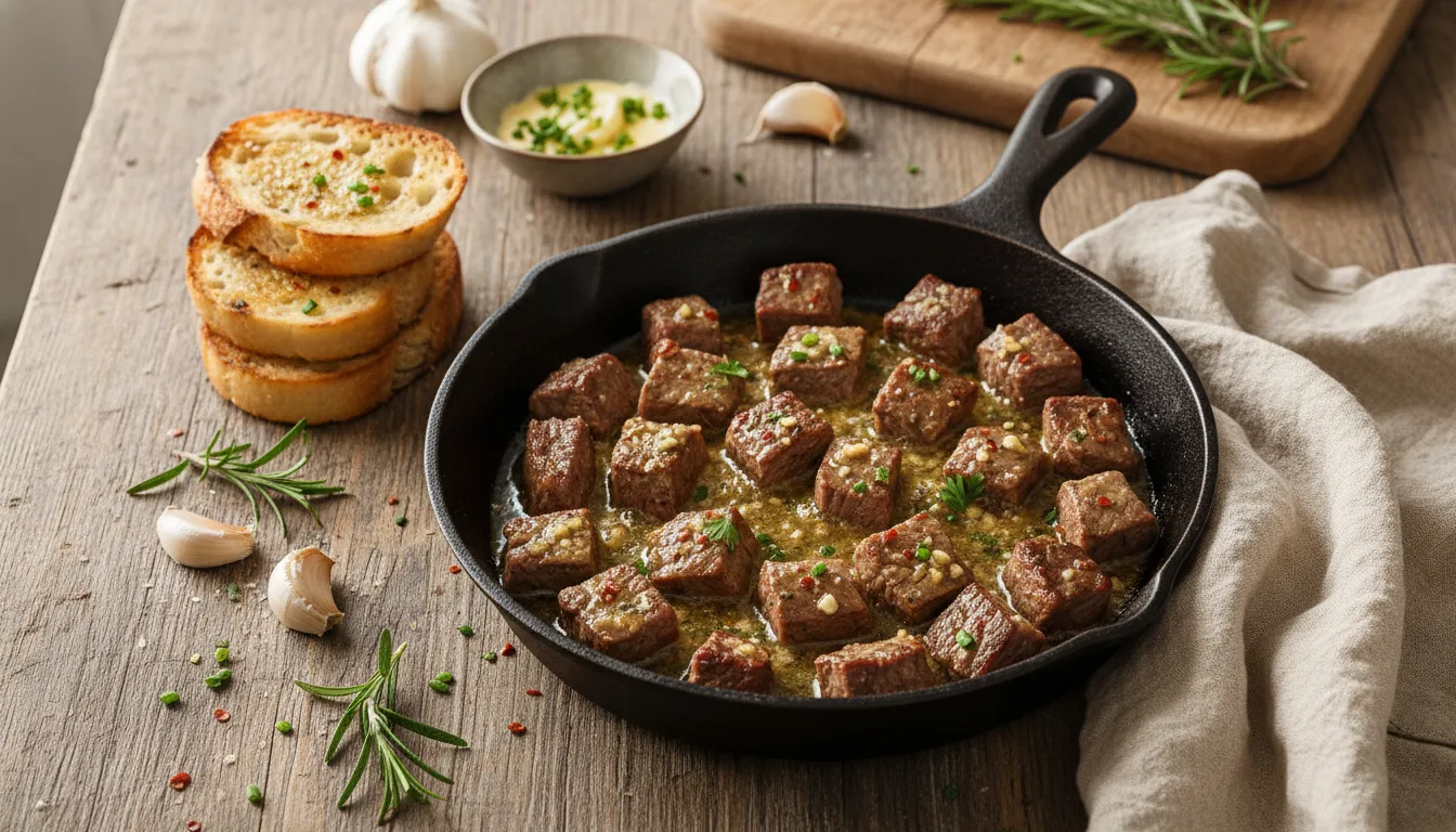 Pan-seared garlic butter top sirloin steak bites in a cast iron skillet topped with fresh minced parsley.
