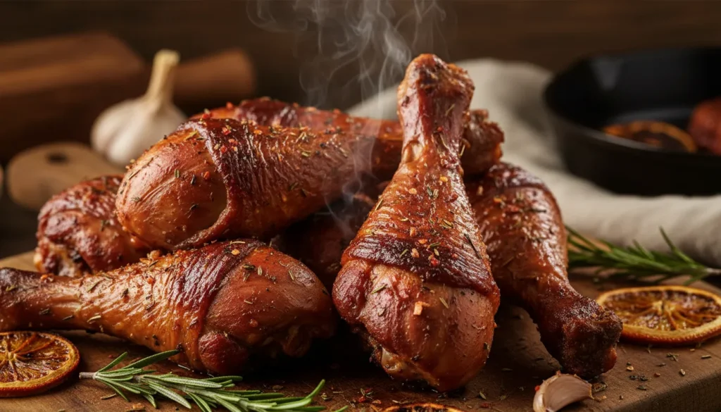 Close-up of juicy smoked chicken legs showing crispy skin and glistening meat, perfect Traeger recipe detail chef.