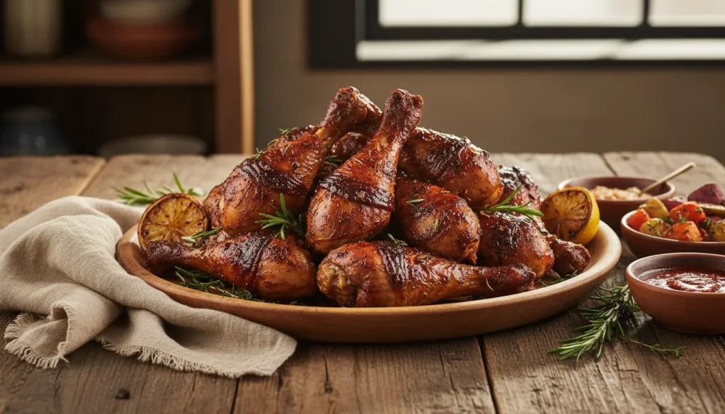 Golden brown smoked chicken legs on a wooden platter, the best juicy Traeger chicken recipe for a summer BBQ.