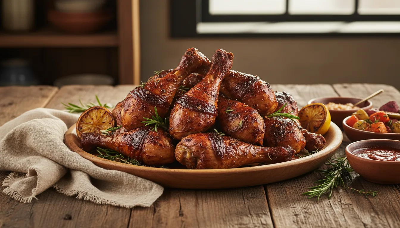 Golden brown smoked chicken legs on a wooden platter, the best juicy Traeger chicken recipe for a summer BBQ.