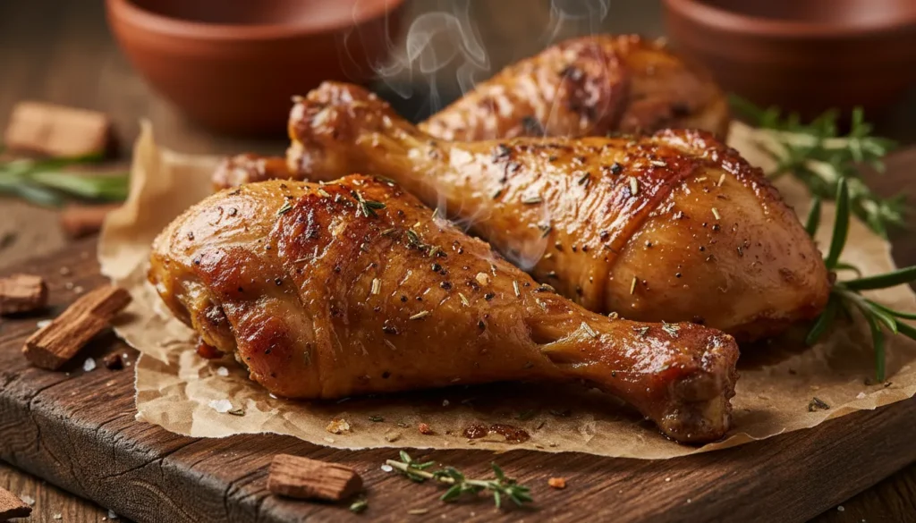 Golden brown smoked chicken legs on a wooden platter, the best juicy Traeger chicken recipe for a summer BBQ.