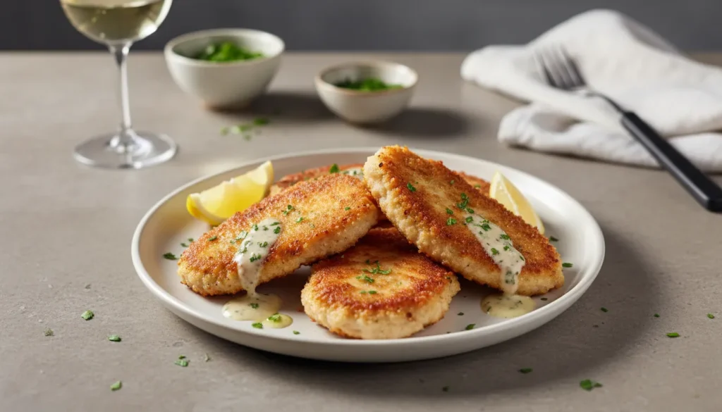 Golden-brown fried turkey cutlets on a white plate with lemon wedges and fresh parsley.