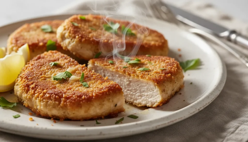 Close-up of a juicy fried turkey cutlet sliced open, highlighting the crispy breading and moist center.