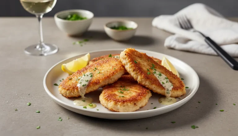Golden-brown fried turkey cutlets on a white plate with lemon wedges and fresh parsley.