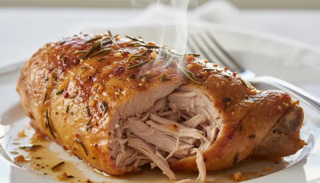 Close-up of succulent meat pulling away from a roasted turkey drumstick bone with crispy seasoned skin.