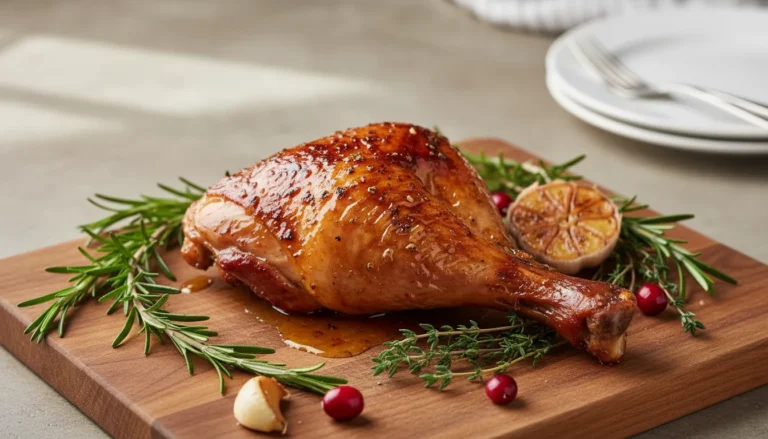 Golden brown roasted turkey drumsticks on a platter with herbs for a tender, juicy holiday dinner recipe.