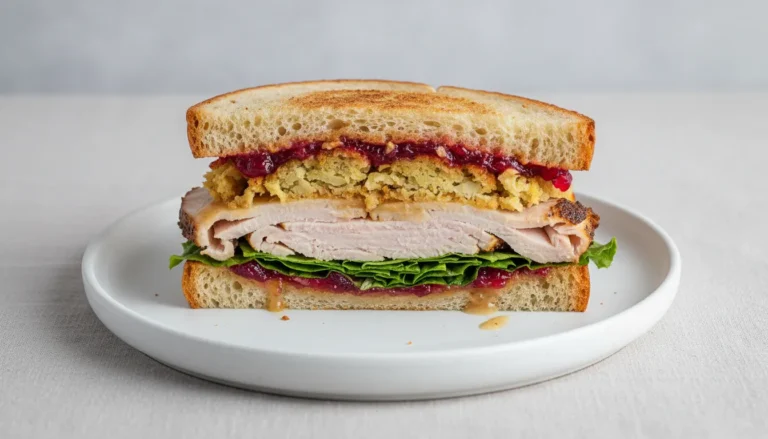 A towering Thanksgiving turkey sandwich with gravy-soaked bread known as the Moist Maker on a rustic plate.