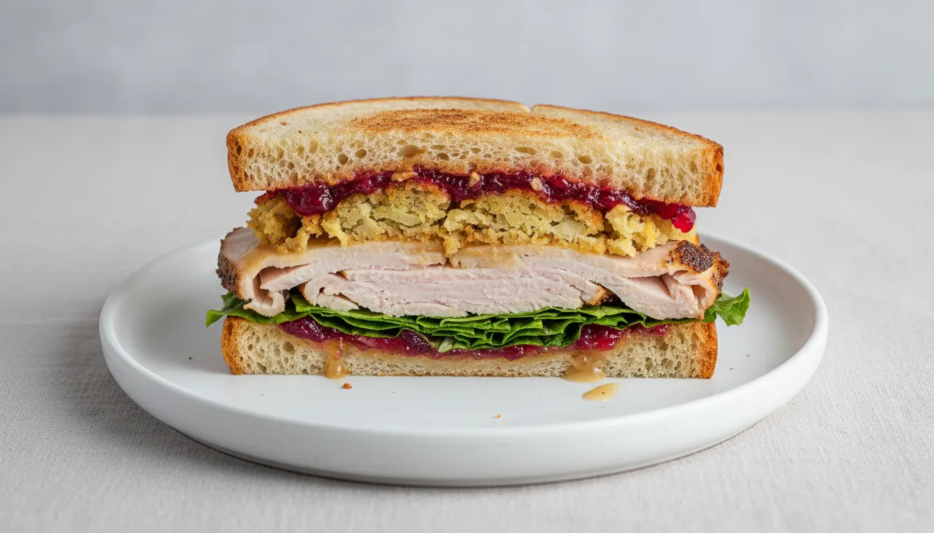 A towering Thanksgiving turkey sandwich with gravy-soaked bread known as the Moist Maker on a rustic plate.