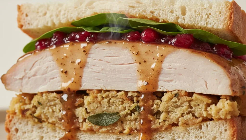 Close-up detail of the gravy-soaked bread layer inside a classic Moist Maker turkey sandwich with roasted meat.