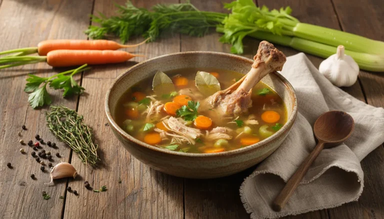 Large pot of simmering golden turkey stock made from a leftover carcass with fresh carrots, celery, and herbs.