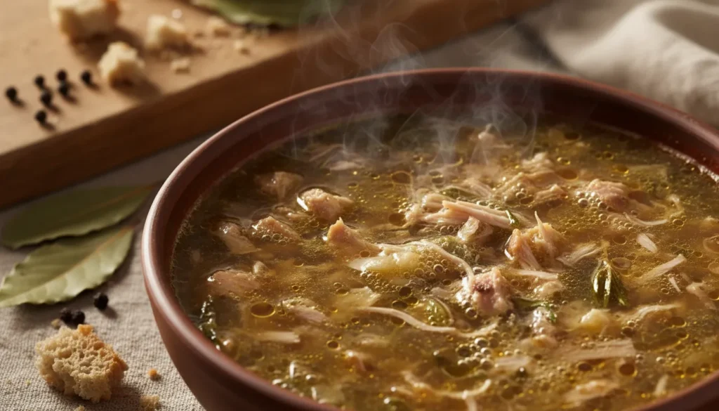 Close-up of rich turkey stock being ladled from a stock pot, highlighting its deep golden color and clarity.