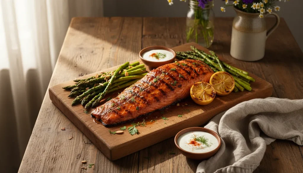 Ultimate Traeger grilled salmon with lemon slices and fresh herbs on the grill grates.