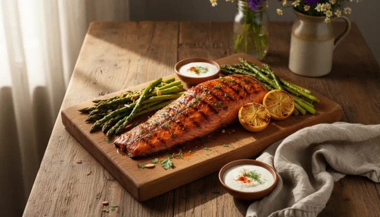 Ultimate Traeger grilled salmon with lemon slices and fresh herbs on the grill grates.