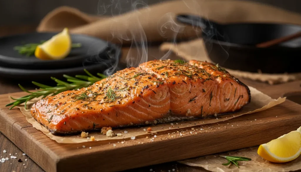 Close-up of flaky Traeger grilled salmon fillet seasoned with herbs, showing juicy texture and char.