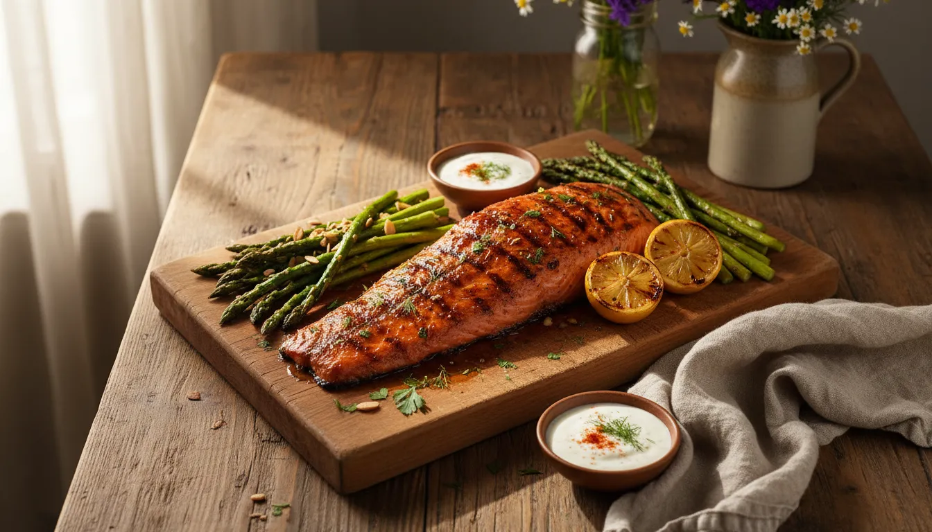 Ultimate Traeger grilled salmon with lemon slices and fresh herbs on the grill grates.