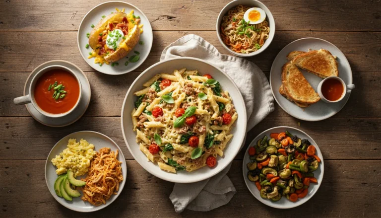A spread of quick and easy lazy meal recipes on a kitchen table, perfect for simple weeknight dinner inspiration.