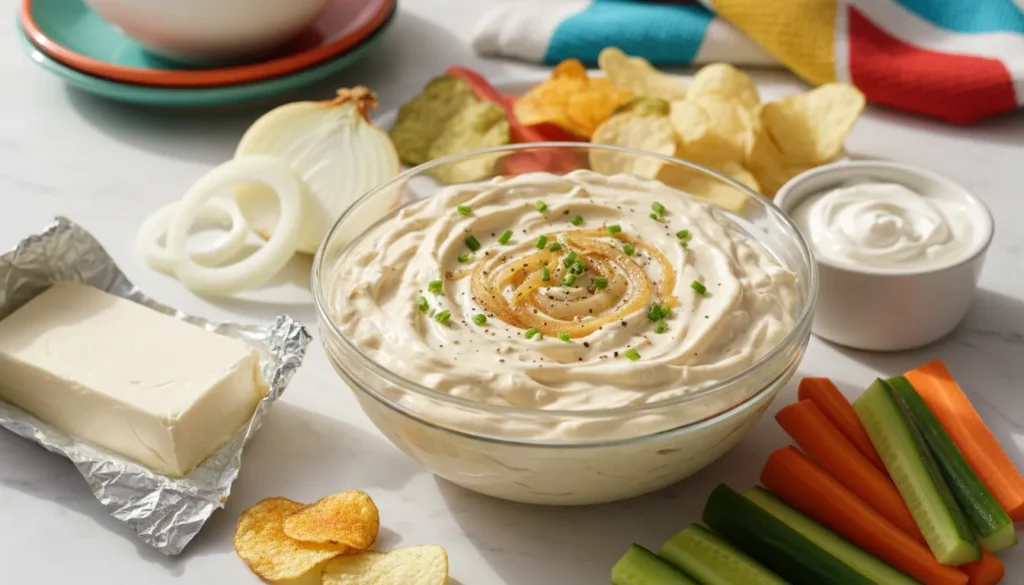 Creamy 3 ingredient onion dip in a white bowl served with crunchy potato chips on a wooden table.