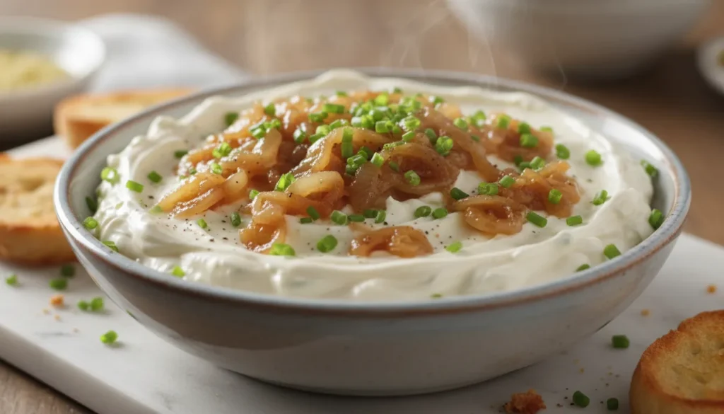 Close-up of the smooth, creamy texture of easy 3 ingredient onion dip being scooped with a chip.